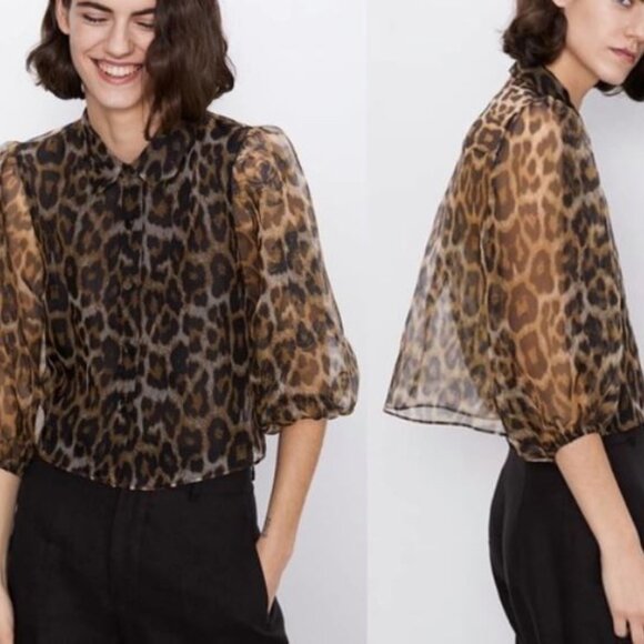 🌹NEW Zara Leopard Animal Print Sheer Organza Shirt - Picture 1 of 10